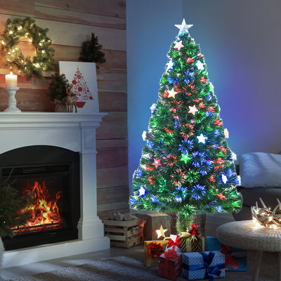 HOMCOM 5FT Prelit Artificial Christmas Tree Fibre Optic Star LED Light Holiday Home Xmas Decoration with LED Light for Indoor Party, Green 