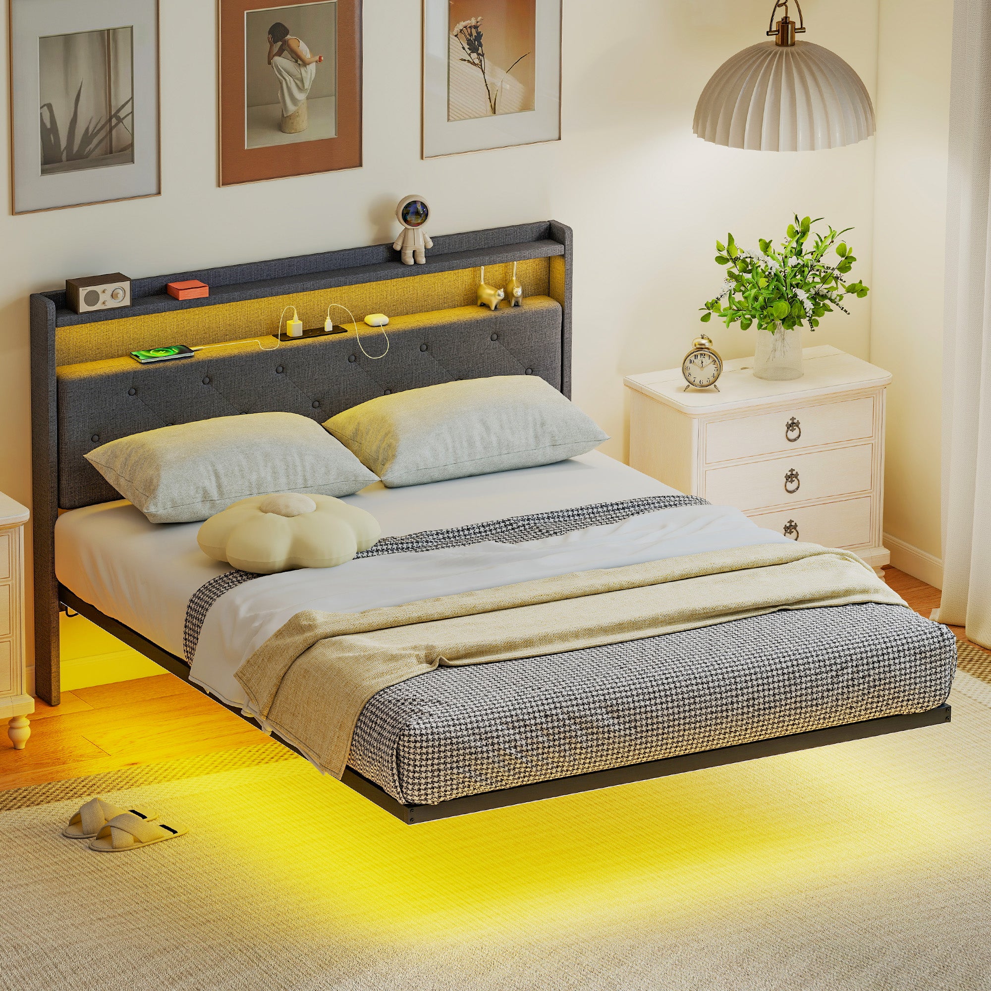 HOMCOM Floating Bed Frame, Upholstered 4ft6 Double Size Bed, Platform Bed with RGB LED Lights and Charging Station, Grey 