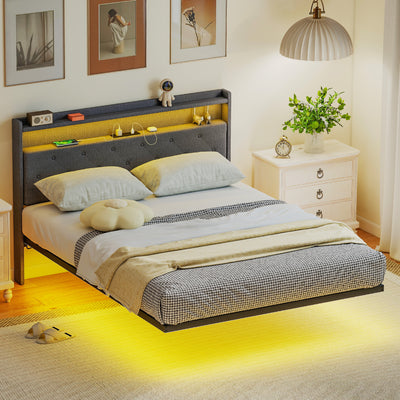 HOMCOM Floating Bed Frame, Upholstered 4ft6 Double Size Bed, Platform Bed with RGB LED Lights and Charging Station, Grey 