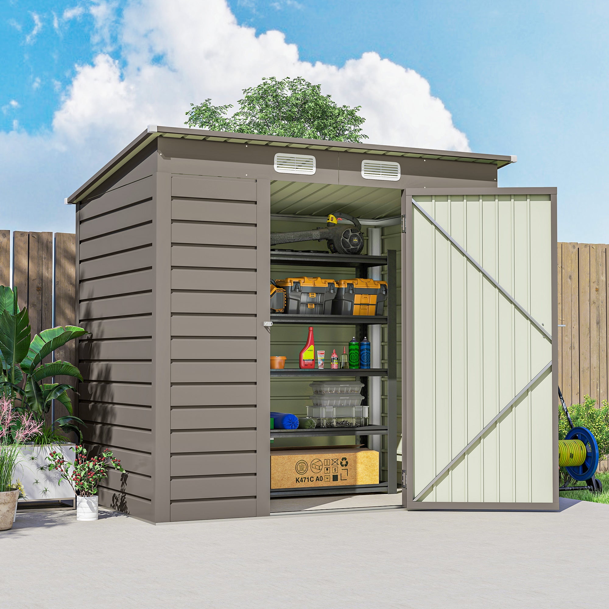 Outsunny 4 x 6ft Galvanised Metal Garden Shed, with Locking Door - Grey 