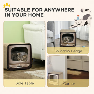 PawHut 2 in 1 TV Shape Cat Scratching Board House with Catnip, for Indoor Cats, Brown 
