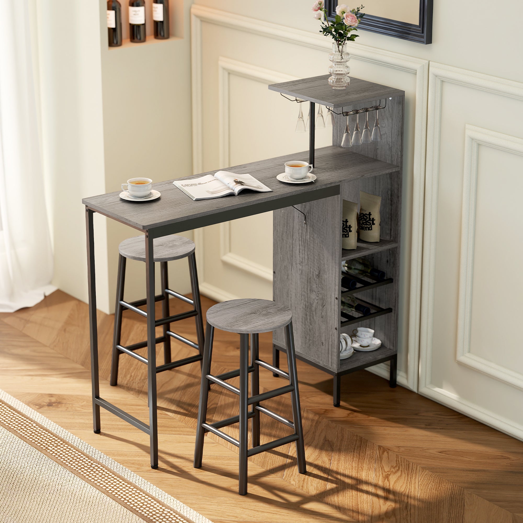 HOMCOM 3 Pieces Dining Room Set, 2 Round Stools with Footrest, 6-Tier Dining Table with Storage Shelves, Natural 