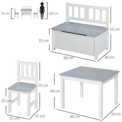 HOMCOM 4-Piece Kids Table and Chair Set with 2 Wooden Chairs, 1 Storage Bench, and Interesting Modern Design, Grey/White 