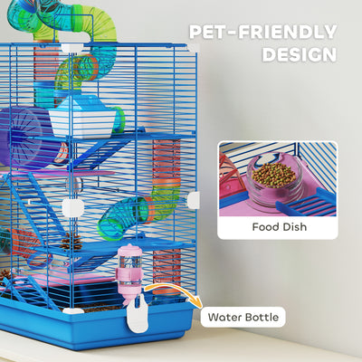 PawHut 5 Tier Hamster Cage Carrier Habitat w/ Exercise Wheels, Tunnel, Blue 