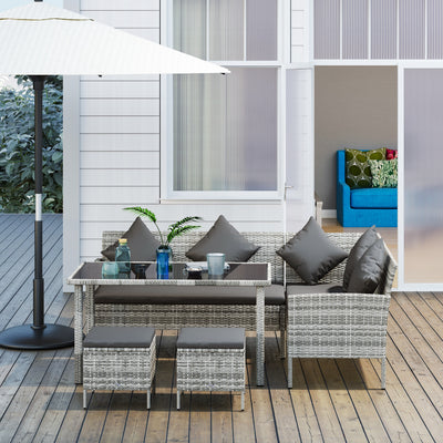 Outsunny tsunny 6-Seater Rattan Dining Set Sofa Table Footstool Outdoor w/ Cushion Garden Furniture, Dark Grey 