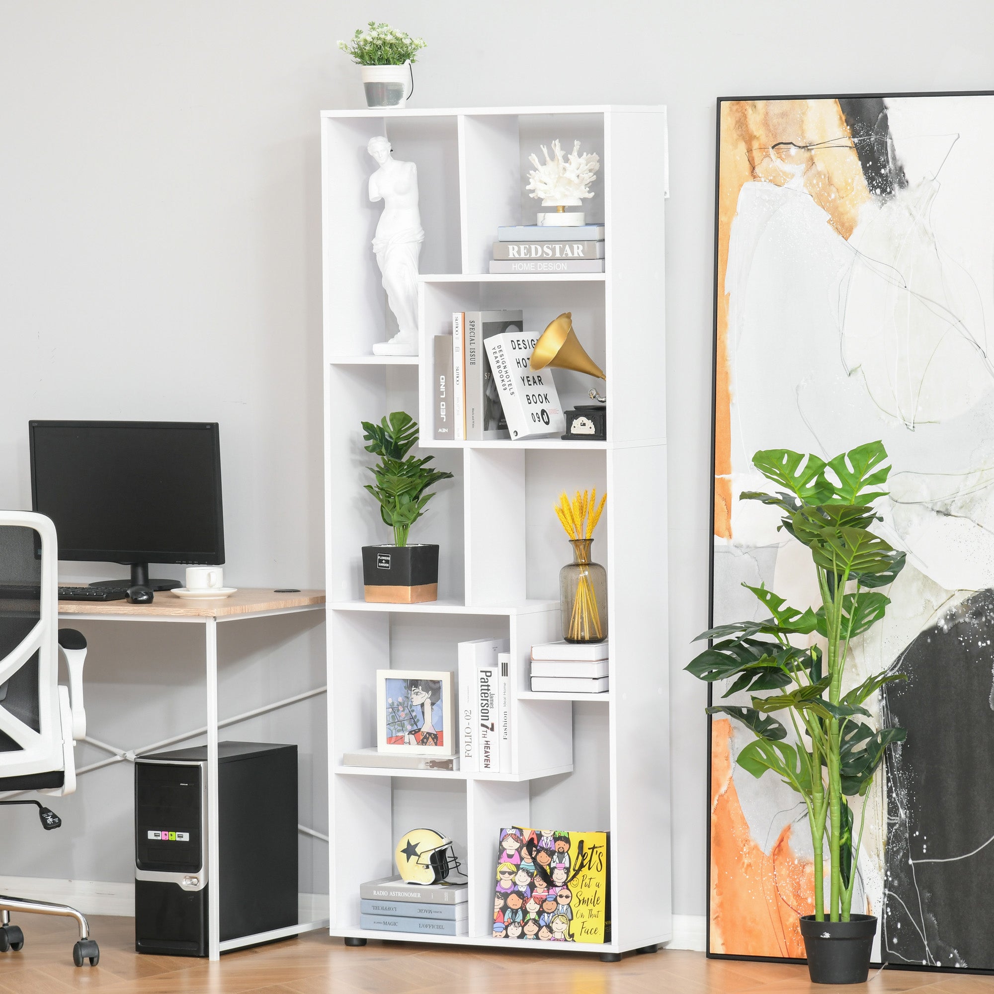 HOMCOM 8-Tier Freestanding Bookcase w/ Melamine Surface Anti-Tipping Foot Pads Home Display Storage Grid Stand Bedroom Living Room Furniture Modern Style - White 