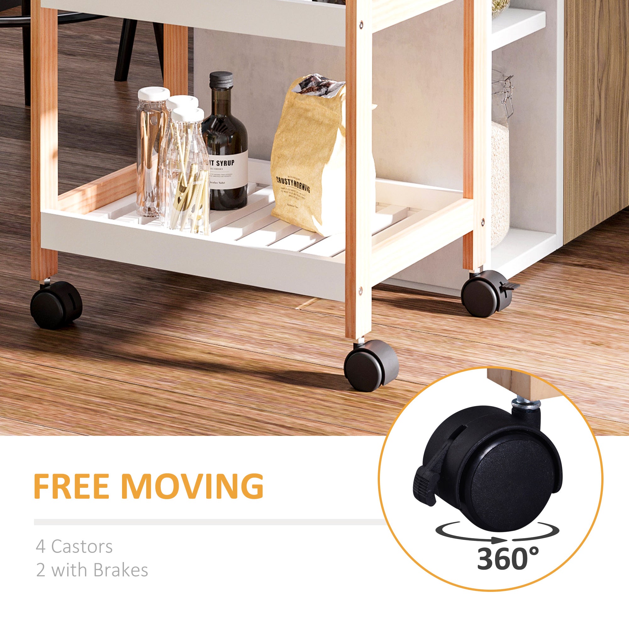 HOMCOM 3-Tier Mobile Kitchen Trolley Cart Storage Shelves Rack Rolling Wheels White 46 x 35 x 74.5 cm 
