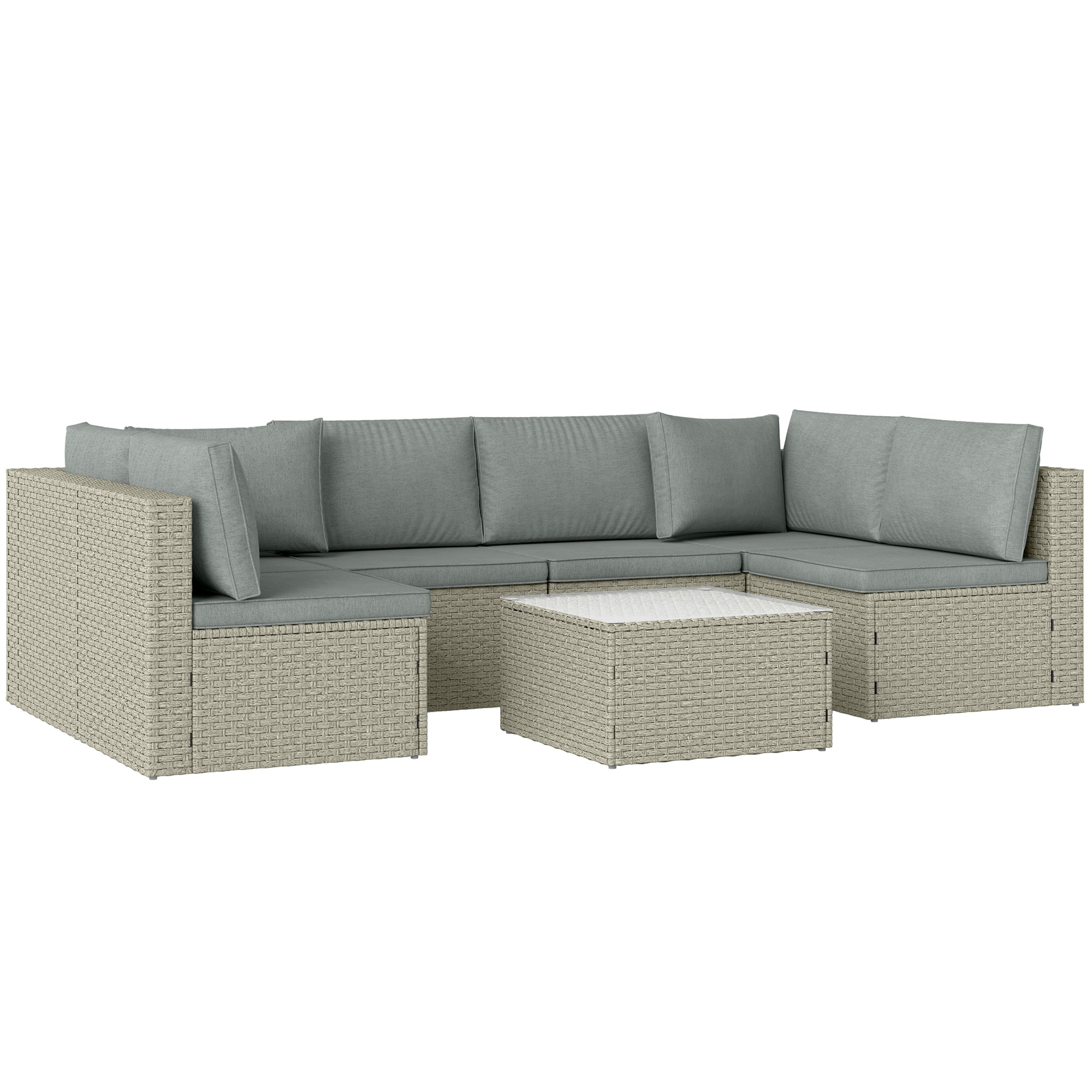Outsunny 7 Pieces Rattan Garden Furniture Set, 6 Seater Garden Corner Sofa with Wide Seat, Cushions and Glass Top Table, Sectional Outdoor Furniture Conservatory Set for Patio, Light Brown 