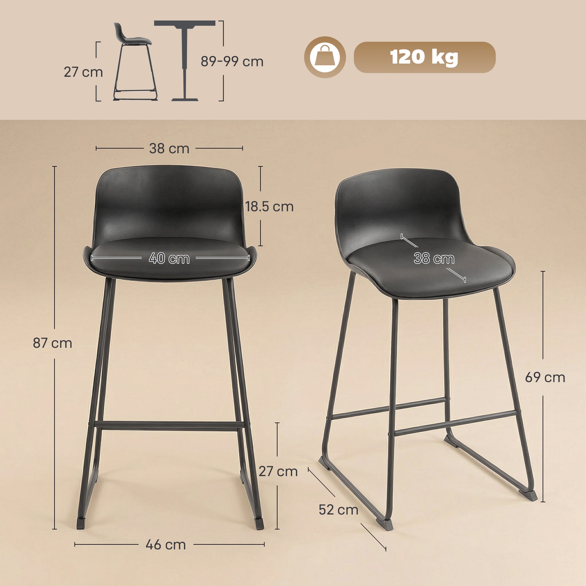 HOMCOM Modern Bar Stools Set of 2, PU Leather Barstools, Counter Height Kitchen Chairs for Breakfast Bars, Dining Room, Black 