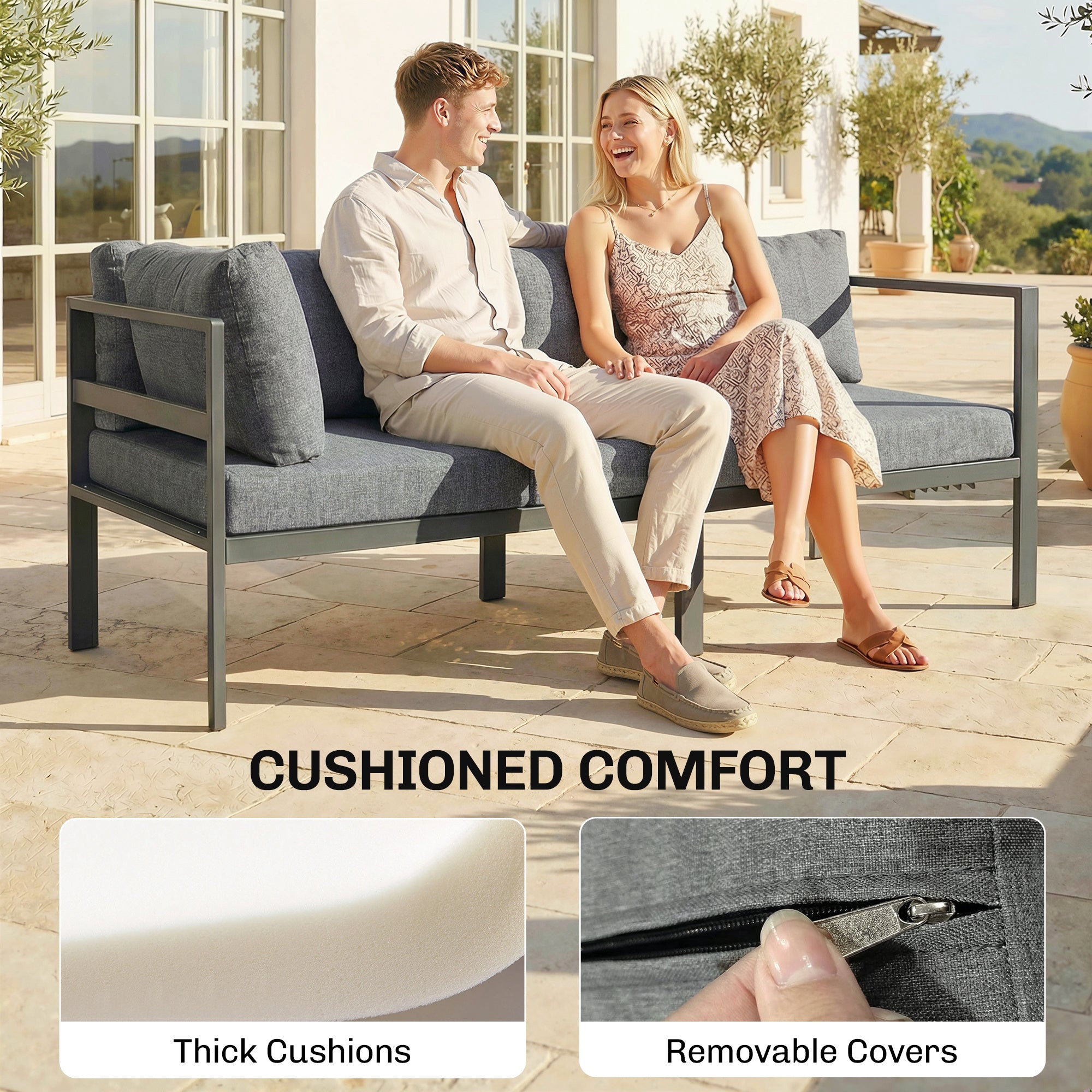 Outsunny 3 Pieces Garden Furniture Set, Aluminium Corner Lounge Set with Adjustable Backrest and Coffee Table 