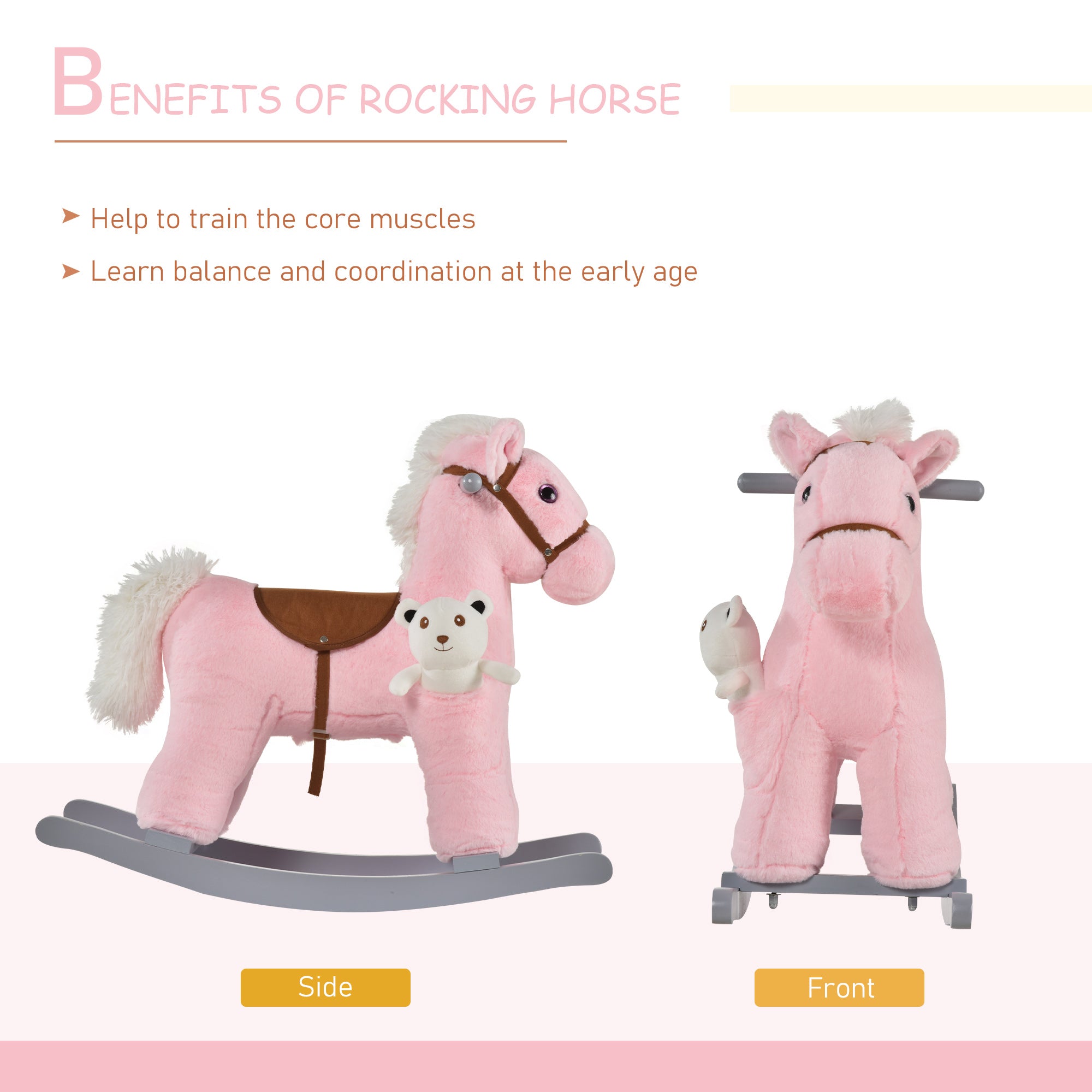 HOMCOM Kids Plush Ride-On Rocking Horse Toy Rocker with Plush Toy Realistic Sounds for Child 18-36 Months Pink 