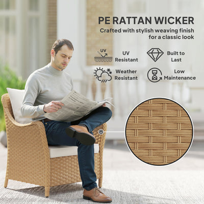 Outsunny Rattan Garden Chairs Set of 2, Outdoor Rattan Chairs with Cushions, Armrests and High Back, PE Wicker Garden Armchair with Steel Frame for Balcony, Porch, Beige 