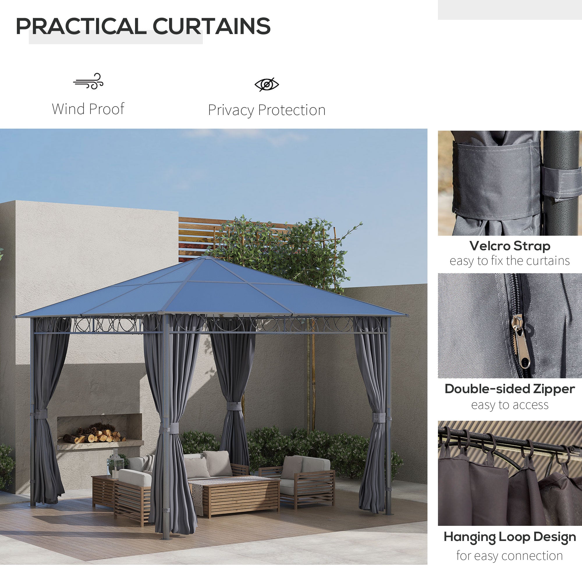 Outsunny 3 x 3(m) Hardtop Gazebo Canopy with Polycarbonate Roof, Permanent Pavilion Garden Gazebo with Curtains for Patio, Deck, Grey 