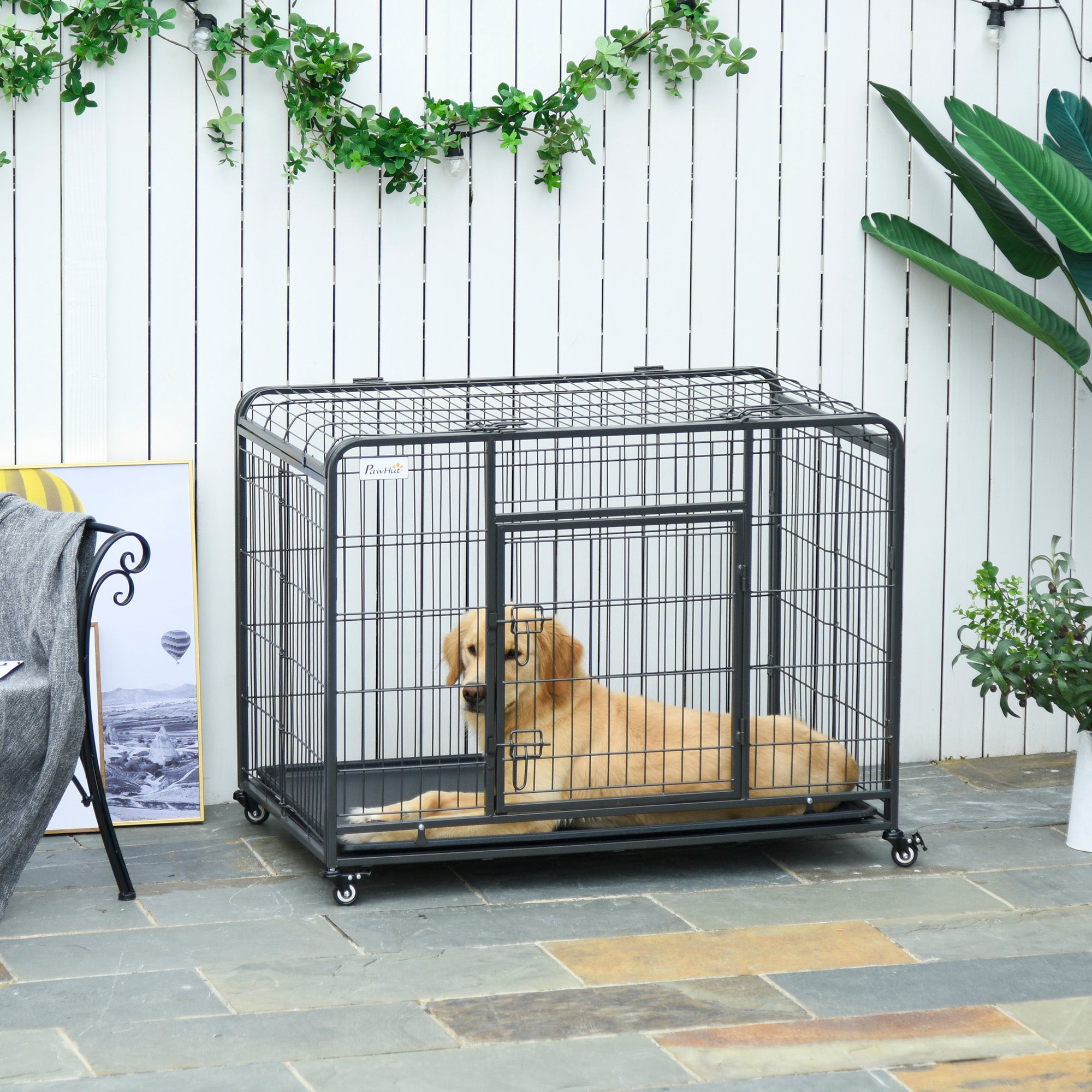 PawHut Metal Dog Cage Kennel Locking Door & Wheels Removable Tray Openable Top For Large Pets 109.5 x 71 x 78 cm 