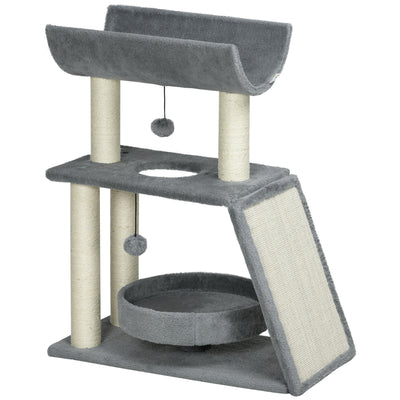 PawHut Cat Tree Tower, with Scratching Posts, Pad, Bed, Perch, Toy Ball - Light Grey 