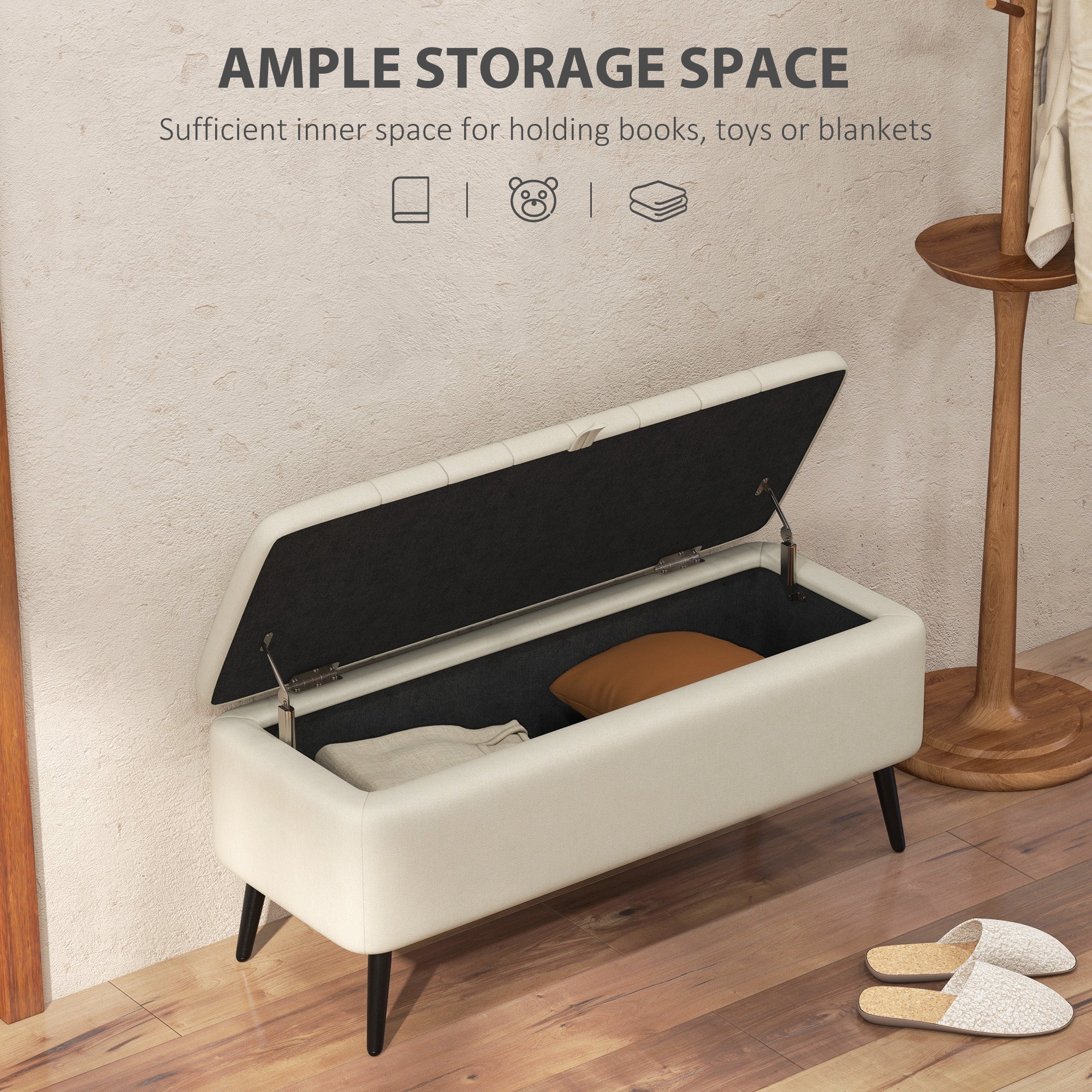 HOMCOM Linen-Look 92 x 31cm Storage Ottoman - Cream White 
