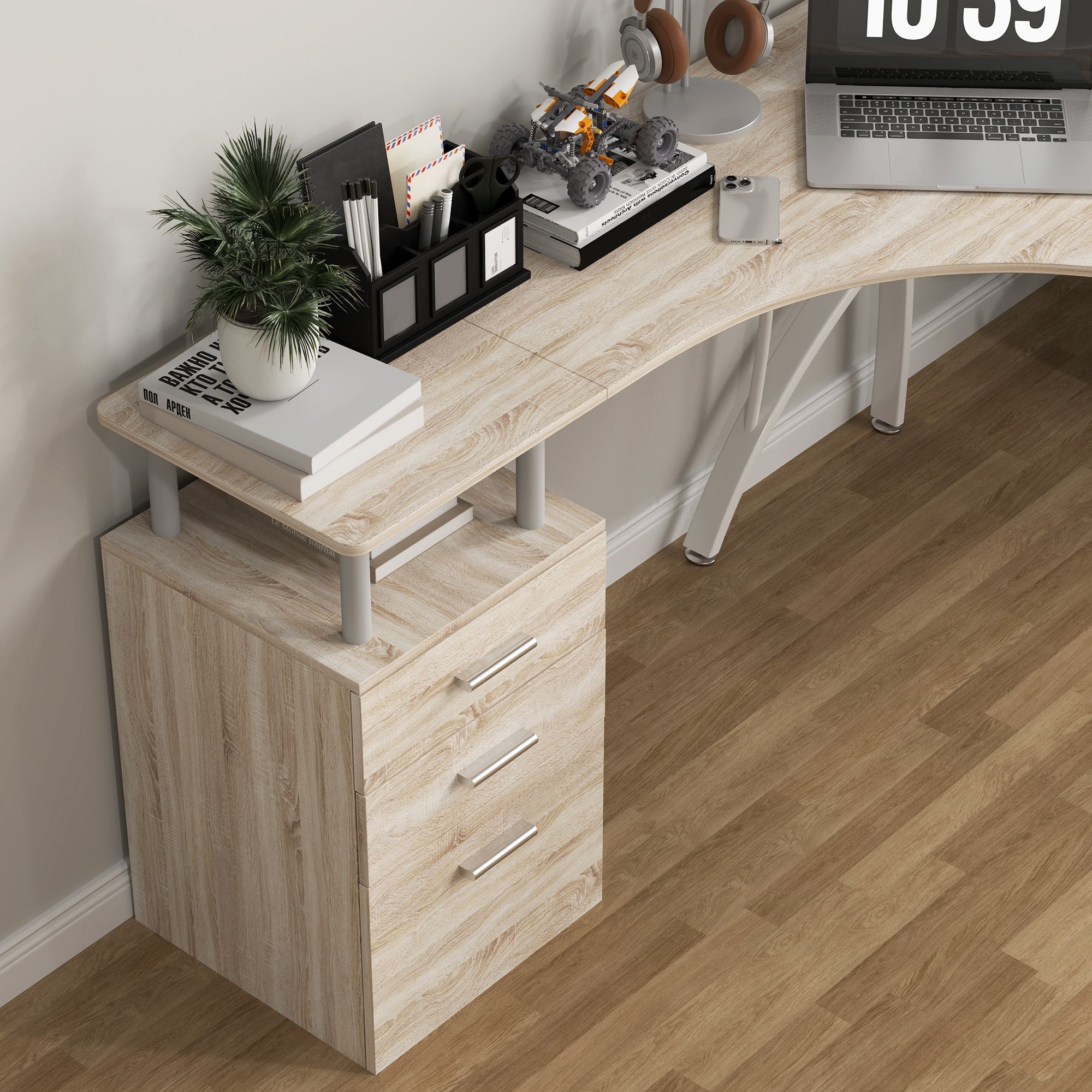 HOMCOM L-Shaped Computer Desk Table with Storage Drawer, Home Office Desk Corner Industrial Style Workstation for A4 Files 143.5 x 143.5 x 76cm, Oak 