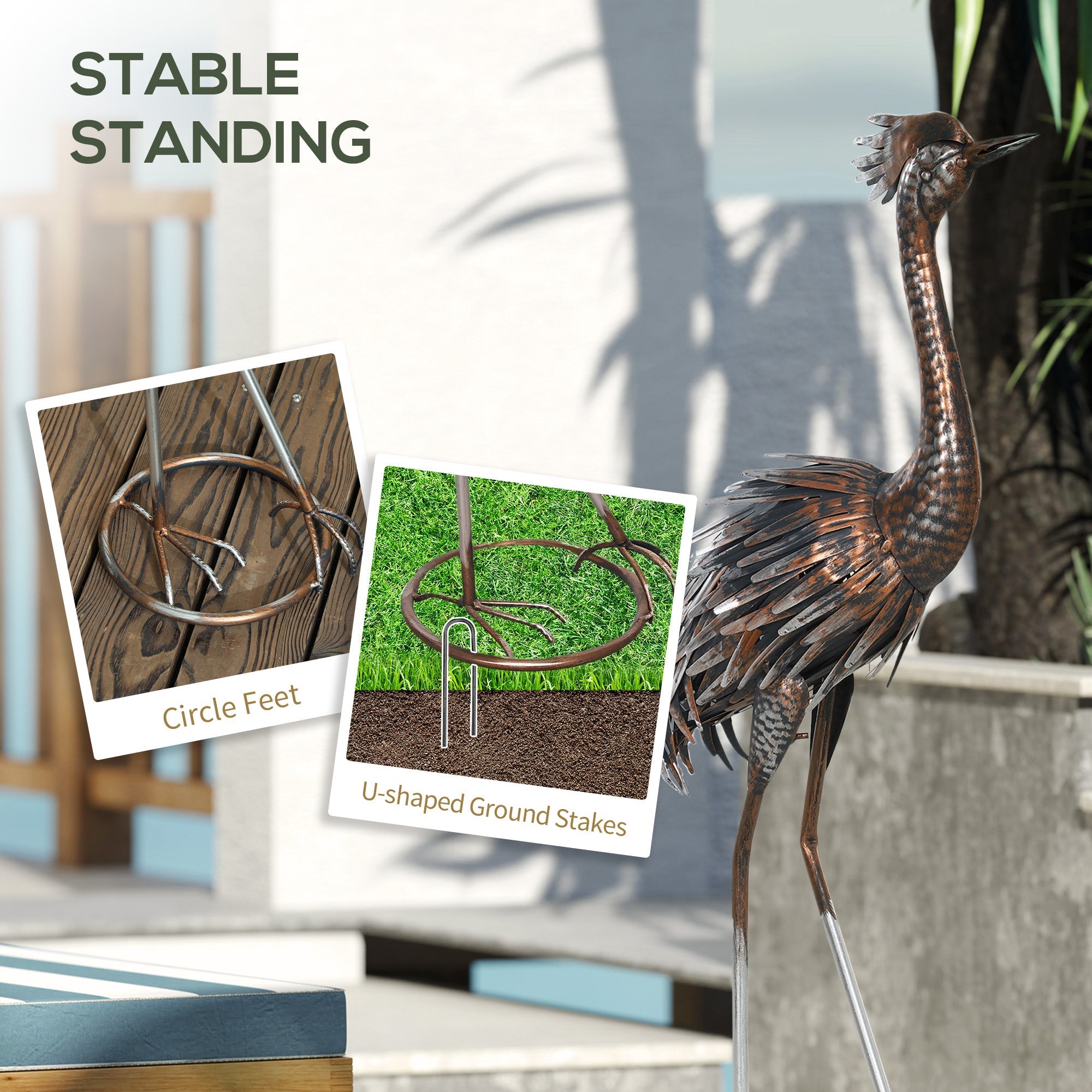 Outsunny Heron Garden Statue, Standing Garden Ornament, Metal Garden Gift with Stakes for Patio Pond Landscape Decoration, Silver Tone 