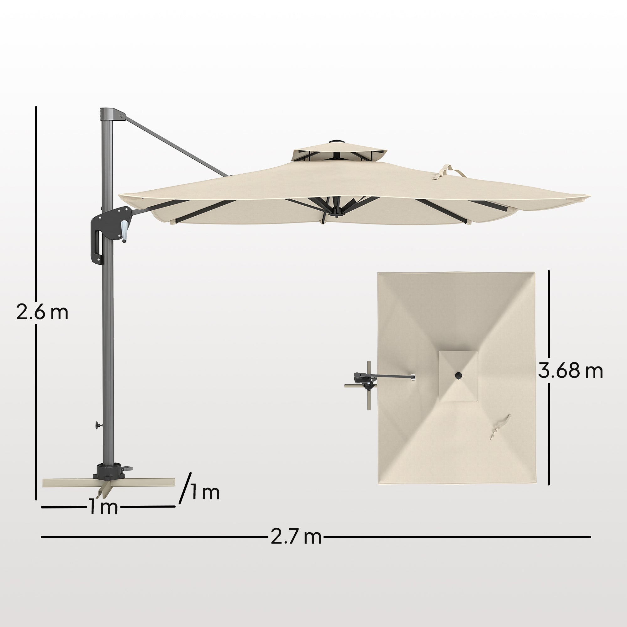 Outsunny 3.7 x 2.7 m Cantilever Parasol w/ 360° Rotation and Easy Tilt Adjustment, Aluminium Hanging Offset Outdoor Umbrella w/ Double Top and Cross Base, UPF50+ Hanging Sun Shade, Grey Wood Effect