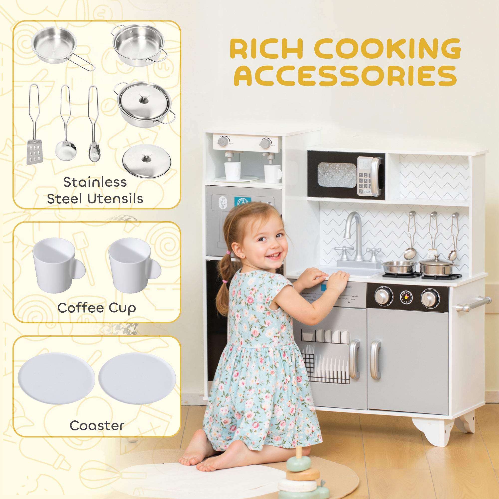 AIYAPLAY Kids Play Kitchen with Sound, Ice/Coffee Maker, Utensils, Microwave, Stainless Steel Utensils, for 3-6 Years 