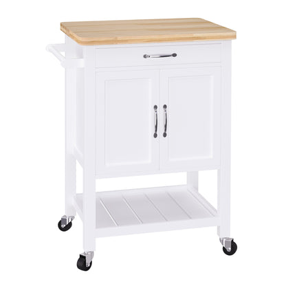 HOMCOM Kitchen Storage Trolley Cart Rolling Wheels Shelves Cupboard W/ Drawer And Towel Rail Rubber Wood Worktop White 