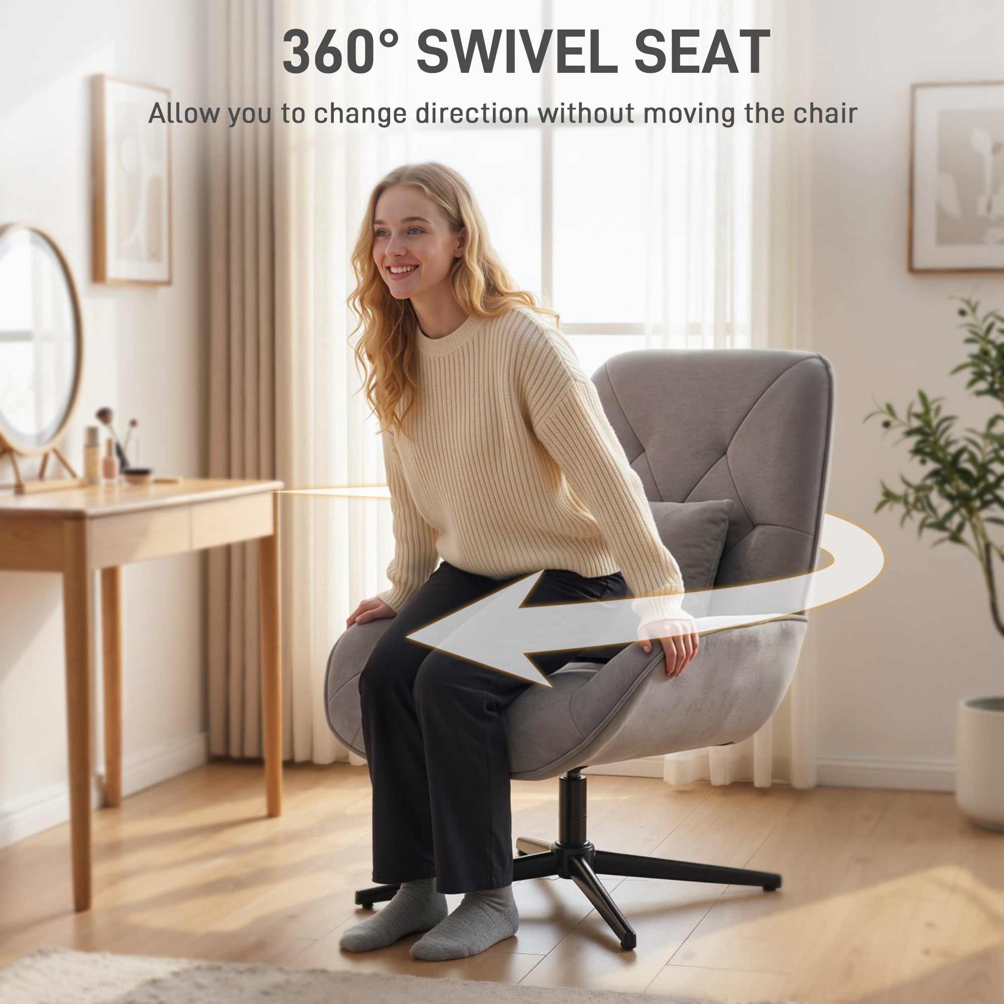 HOMCOM Accent Chair, Chenille Upholstered Swivel Armchair with Lumbar Pillow, High Back, Deep Seat and Metal Legs, Light Grey 