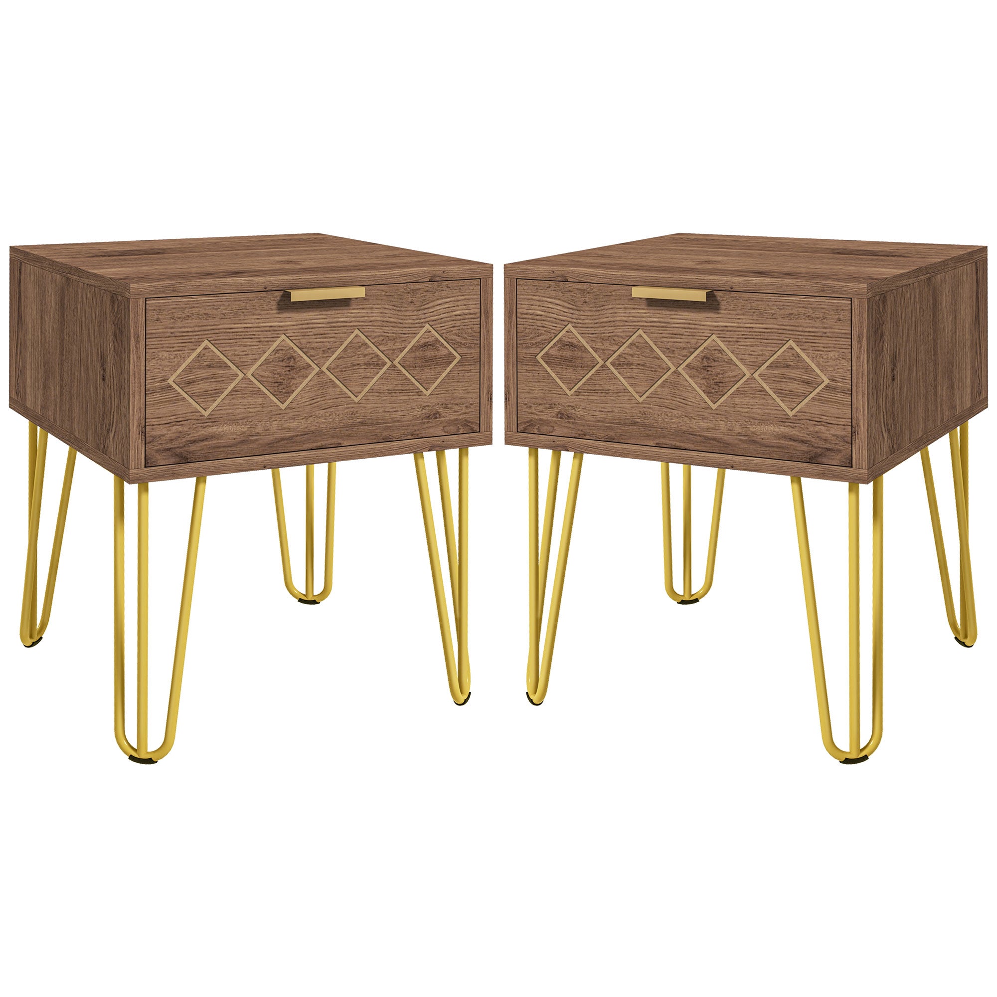 HOMCOM Bedside Table Set of 2 with Drawer, Wooden Nightstand, Modern Sofa Side Table with Gold Tone Metal Legs for Bedroom