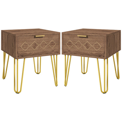 HOMCOM Bedside Table Set of 2 with Drawer, Wooden Nightstand, Modern Sofa Side Table with Gold Tone Metal Legs for Bedroom