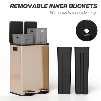 HOMCOM 56L Dual Compartment Stainless Steel Bin, with Deodoriser Holders - Gold Tone 