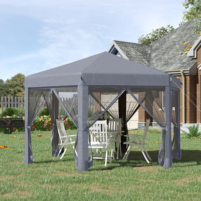 Outsunny 3.8m x 3.2m Pop Up Gazebo Hexagonal Canopy Tent Outdoor Sun Protection with 6 Mesh Sidewalls, Hand Bag, Grey 