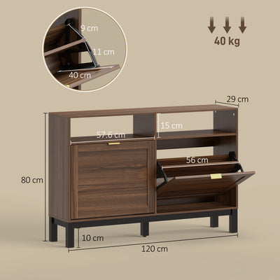 HOMCOM Shoe Cabinet with 2 Flip Drawers, Narrow Shoe Storage Top for Entryway Hallway, Rustic Brown 