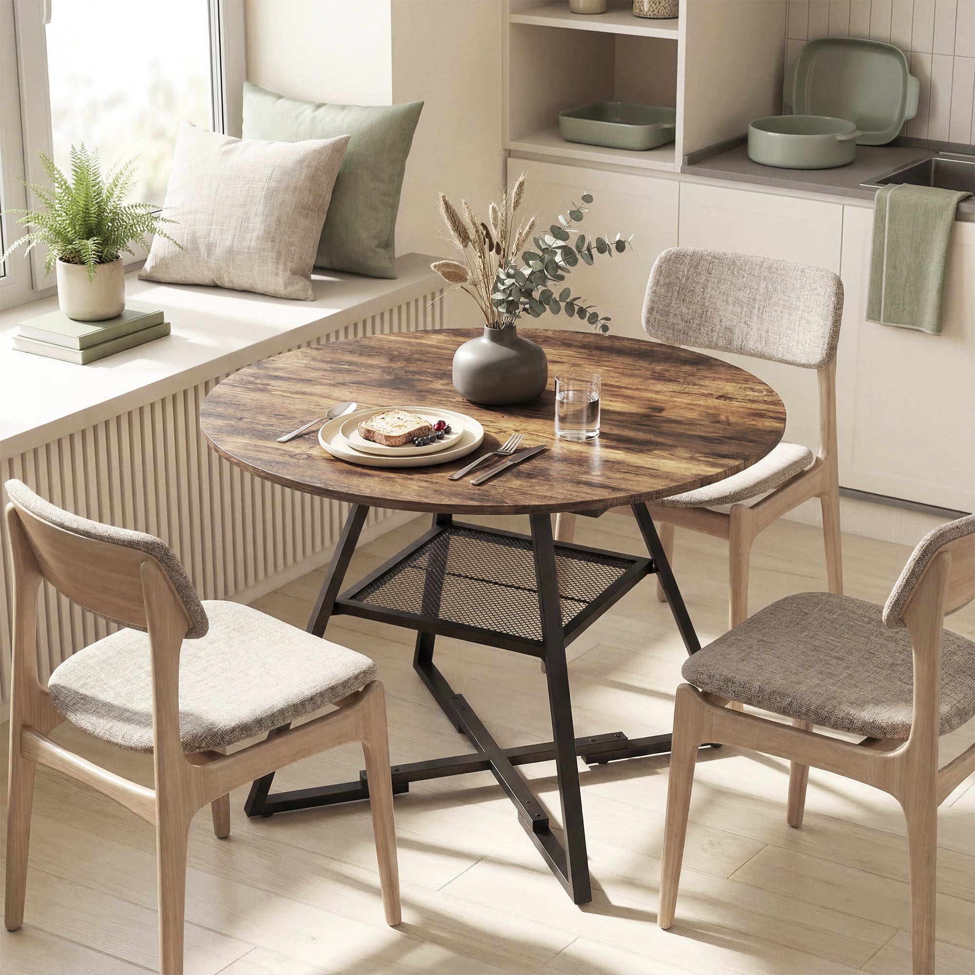 HOMCOM Dining Table for 4 People, 100 cm Round Industrial Kitchen Table with Storage Shelf, Rustic Brown 