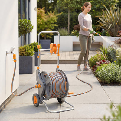 Outsunny Hose Reel Cart with Wheels, 45+2m Garden Hose Reel with 2 Patterns Nozzle, Faucet Adaptors and Rewind Handle, Orange 