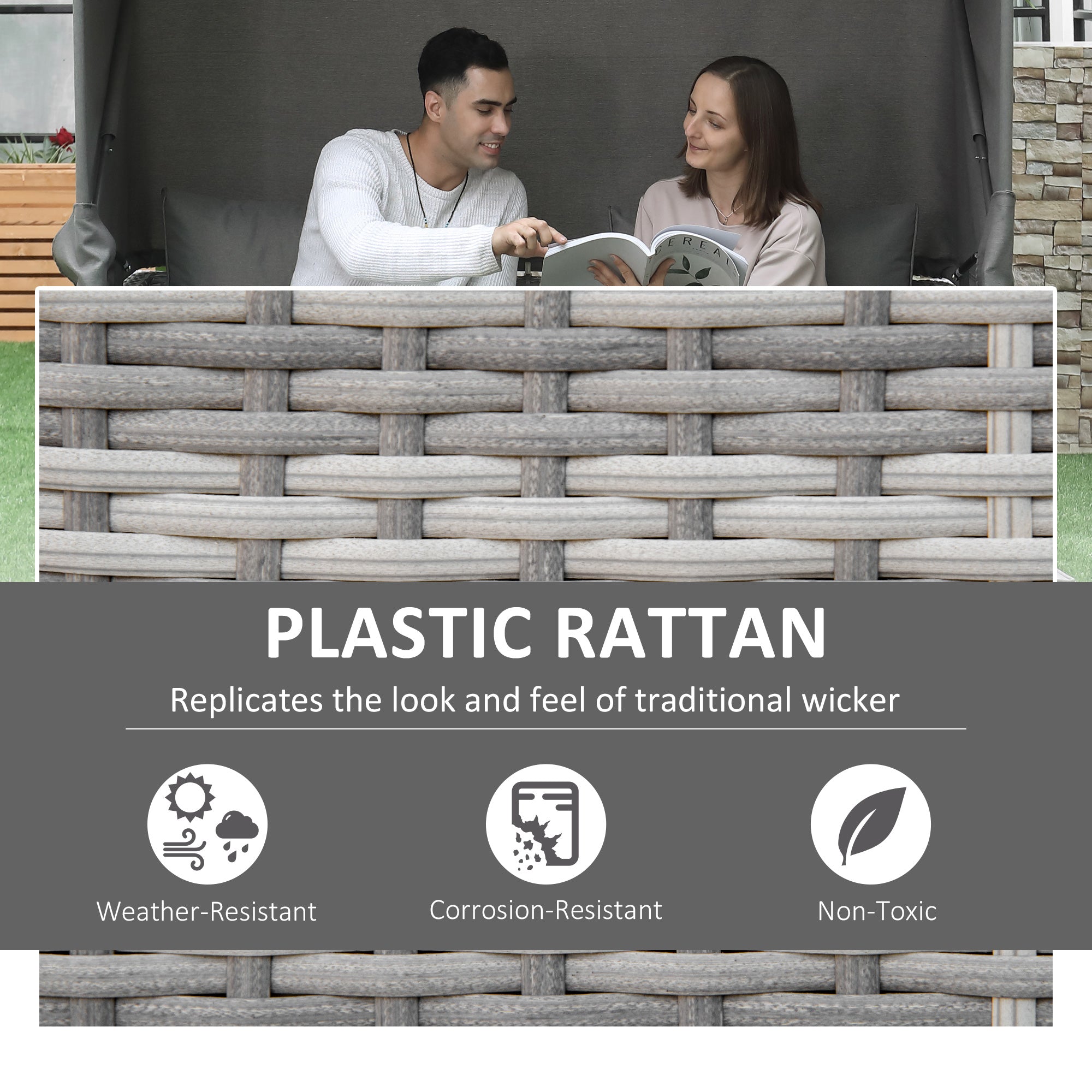 Outsunny 2-Seater Outdoor Rattan Daybed Sofa Footstool Coffee Table Set w/ Canopy, Cushion 