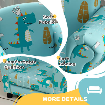AIYAPLAY 2 Piece Kids Sofa Set with Dinosaur Design, Wooden Frame, for 1.5-3 Years Old, Blue 