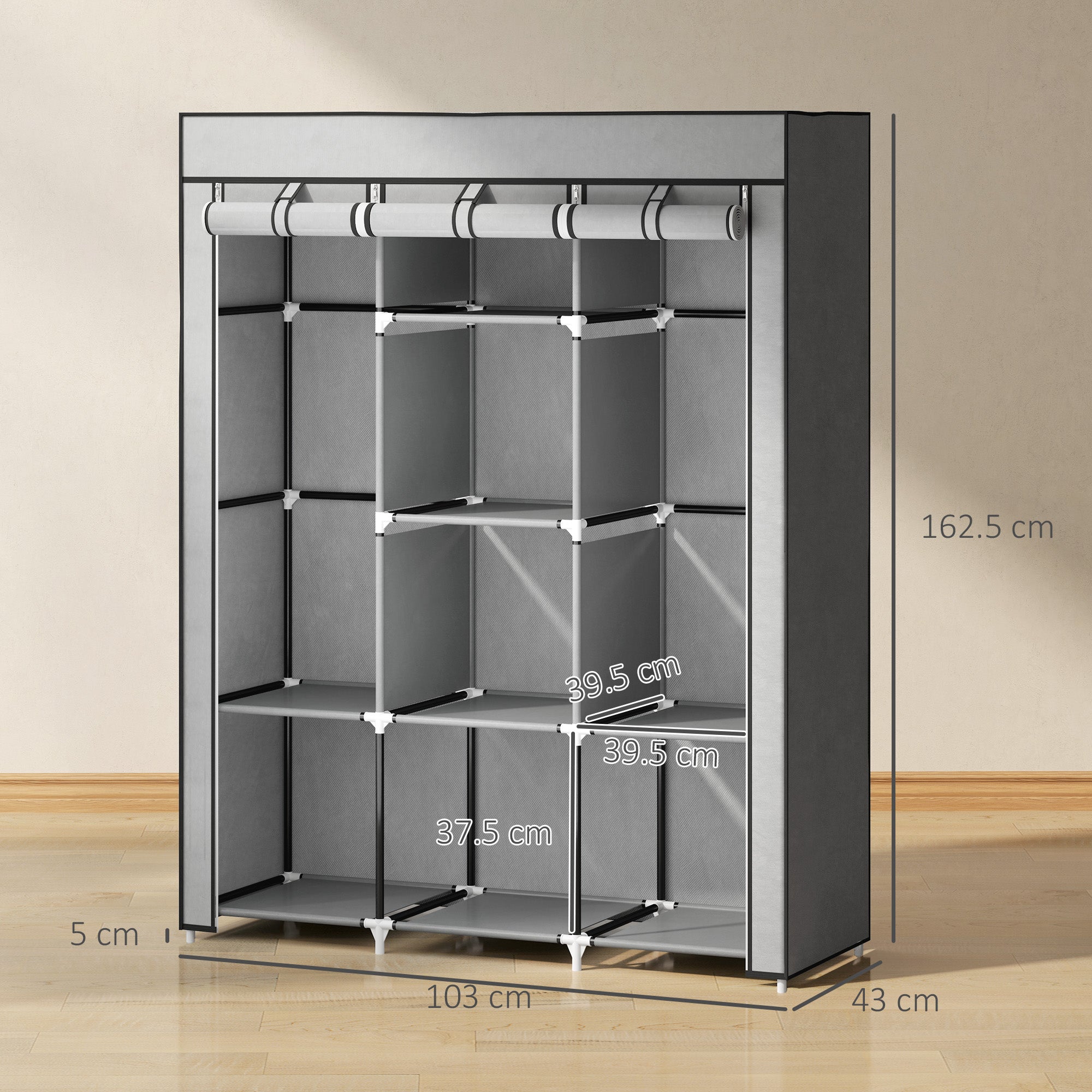 HOMCOM Fabric Wardrobe, Portable Wardrobe, Clothes Storage Unit with 8 Shelves, 2 Hanging Rods, 125 x 43 x 162.5 cm, Light Grey 