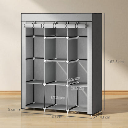HOMCOM Fabric Wardrobe, Portable Wardrobe, Clothes Storage Unit with 8 Shelves, 2 Hanging Rods, 125 x 43 x 162.5 cm, Light Grey 