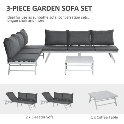 Outsunny 3 Pieces Garden Furniture Sets, 6 Seater Corner Sofa Set with Adjustable Backrest Chase Lounge with Slatted Metal Top Table, Padded Cushion, Grey 