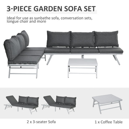 Outsunny 3 Pieces Garden Furniture Sets, 6 Seater Corner Sofa Set with Adjustable Backrest Chase Lounge with Slatted Metal Top Table, Padded Cushion, Grey 