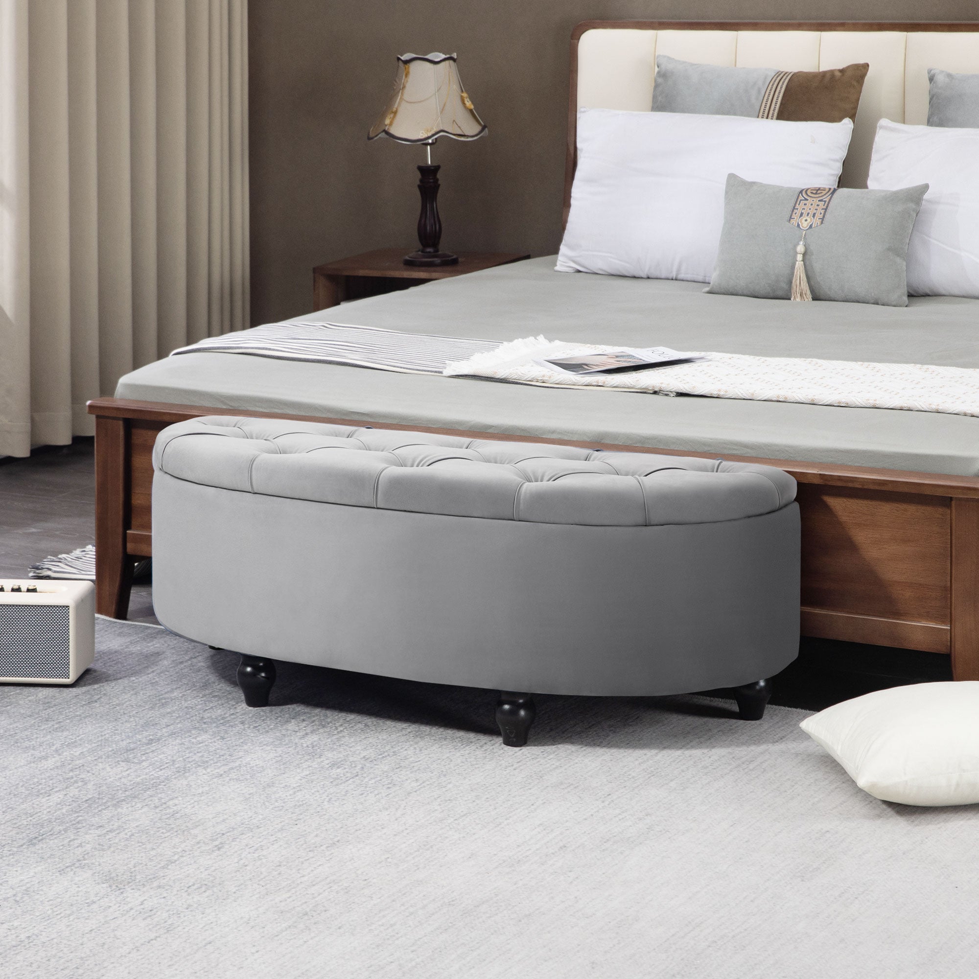 HOMCOM Semi-Circle Ottoman Storage Bench, Bed End Bench, Tufted Upholstered Window Seat Footrest Stool with Rubberwood Legs for Bedroom & Entryway, 120 x 46 x 42 cm, Light Grey 