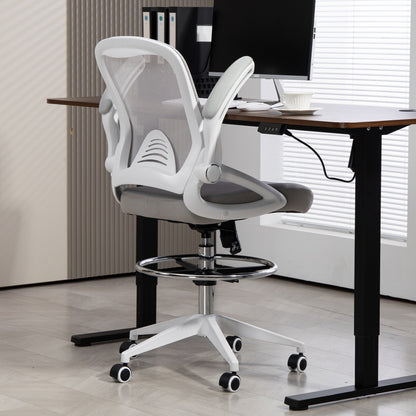Vinsetto Drafting Chair with Flip-up Armrest, Mesh Office Stool with Foot Ring, 360° Swivel Height Adjustable Chair for Standing Desk, Light Grey 