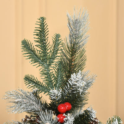 HOMCOM 5FT Artificial Snow Dipped Christmas Tree Xmas Pencil Tree Holiday Home Party Decoration with Foldable Feet Red Berries White Pinecones, Green 