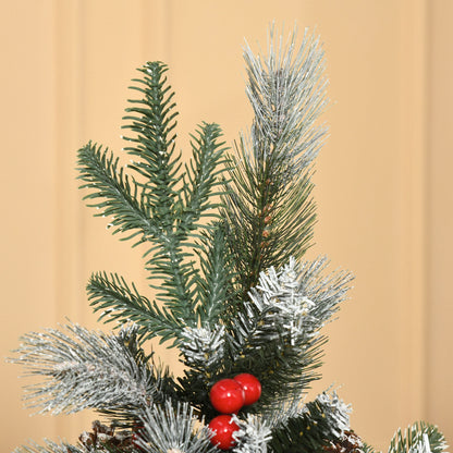 HOMCOM 5FT Artificial Snow Dipped Christmas Tree Xmas Pencil Tree Holiday Home Party Decoration with Foldable Feet Red Berries White Pinecones, Green 