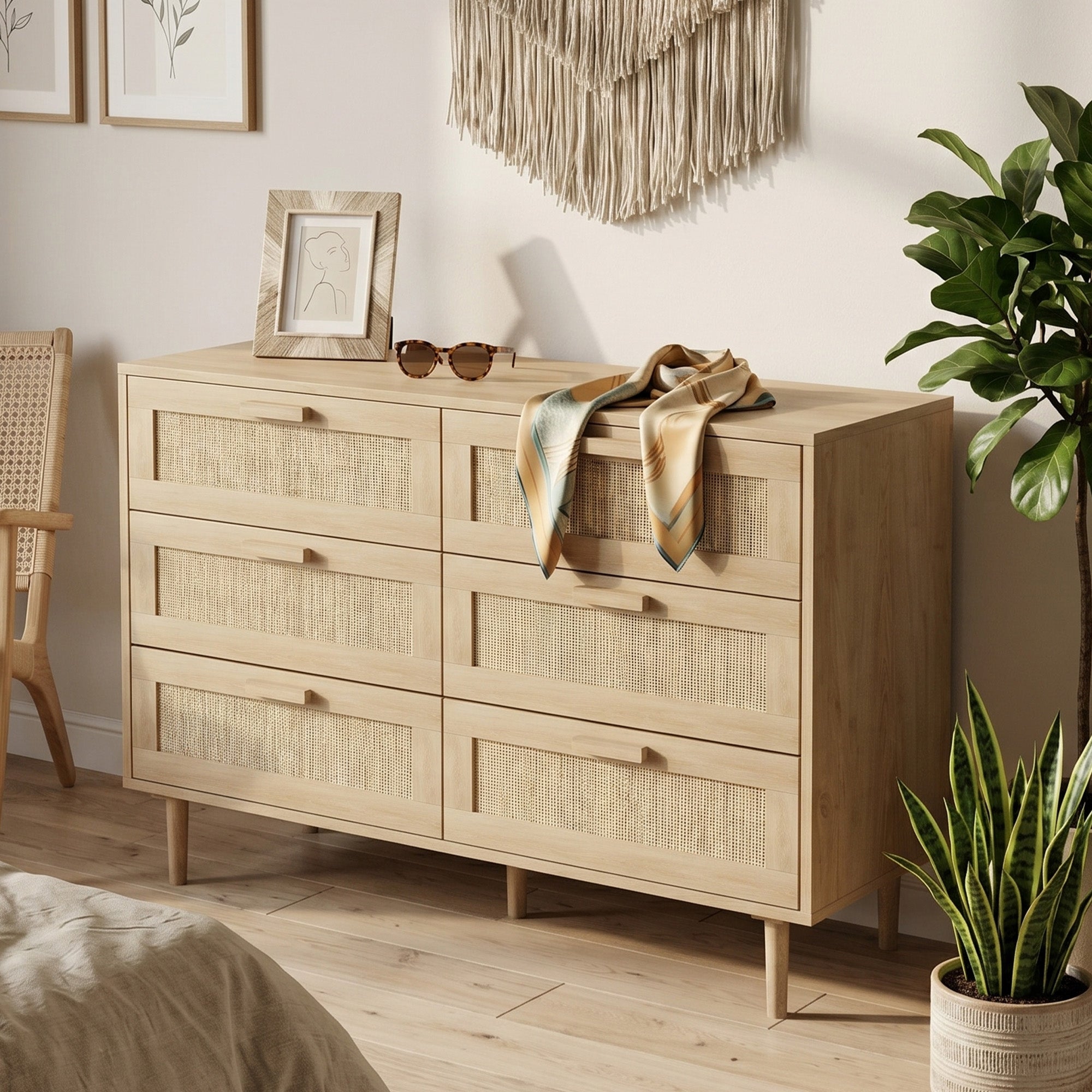 HOMCOM Chest of Drawers, 6-Drawer Dresser, Tall Storage Drawer Unit with Rattan Element for Bedroom, Living Room, Oak