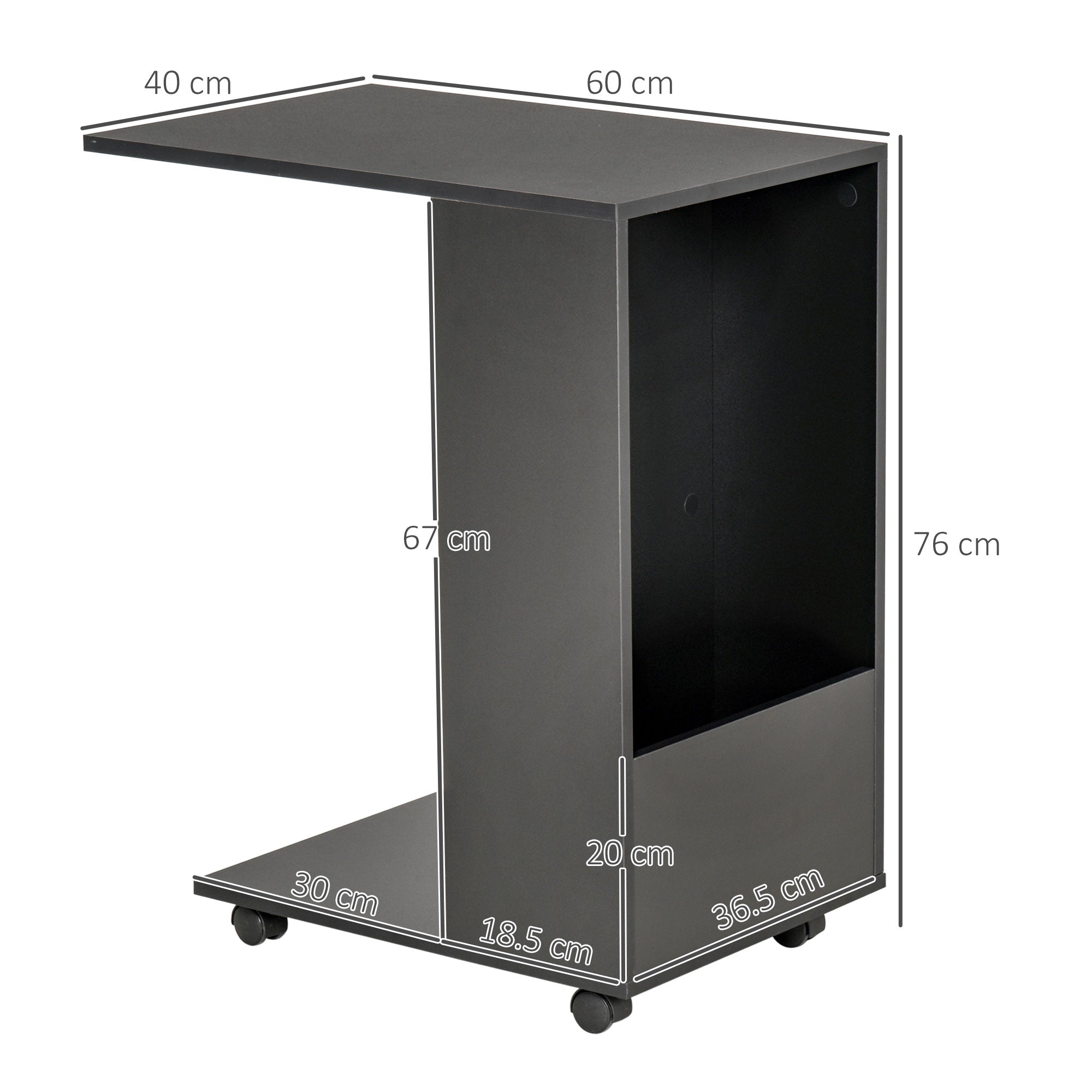 HOMCOM Mobile Sofa Side Table C-Shape End Table with Storage and Casters for Laptop Coffee Snack, Black 