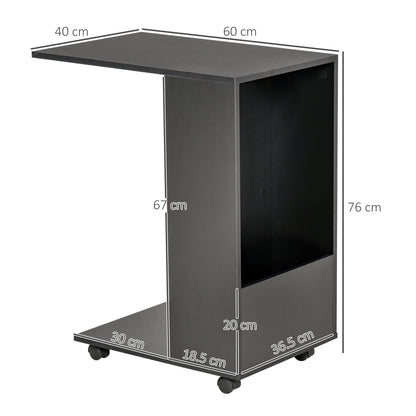 HOMCOM Mobile Sofa Side Table C-Shape End Table with Storage and Casters for Laptop Coffee Snack, Black 