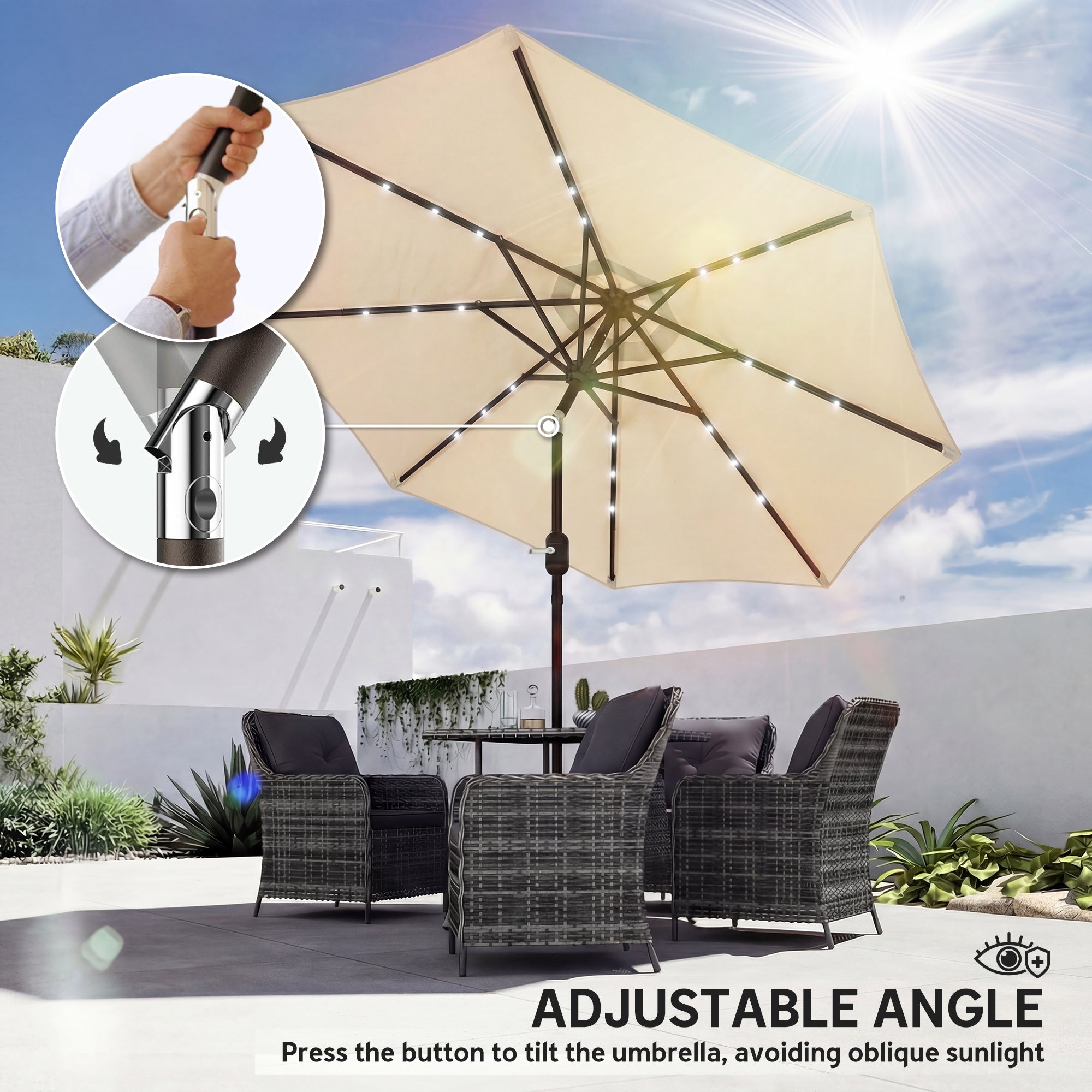 Outsunny 2.6 m Garden Parasol Umbrella with LED Solar Light, Parasol Cover, Outdoor Market Patio Umbrella, Beige 