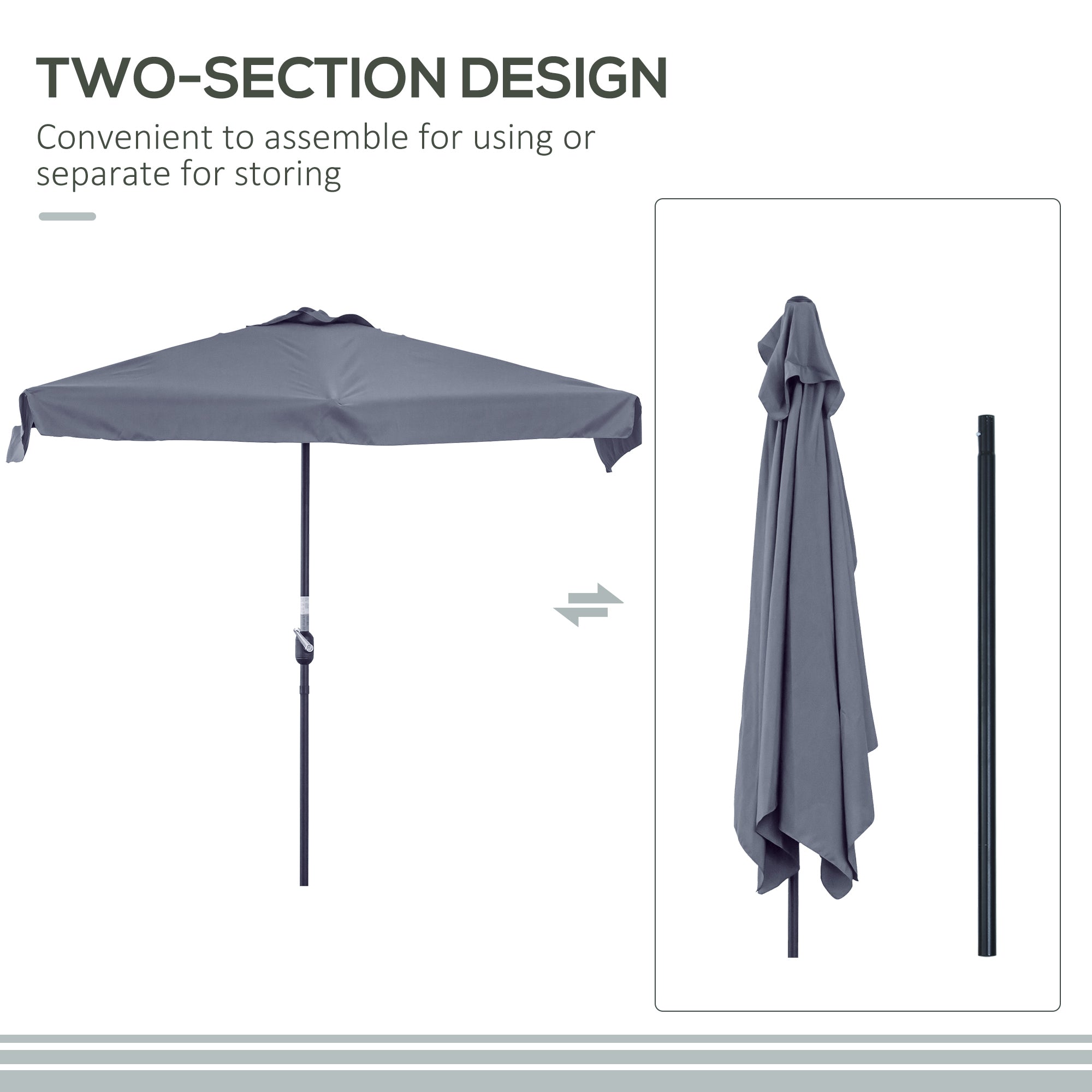 Outsunny 2.3m Half Parasol Semi Round Umbrella Patio Metal Frame Crank Handle for Balcony-- NO BASE INCLUDED, Grey 