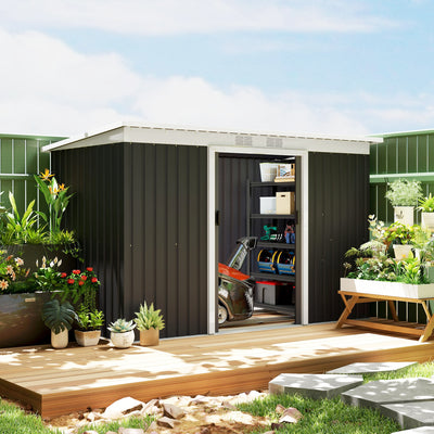 Outsunny 9ft x 4ft Metal Garden Shed, Outdoor Tool House with Foundation Kit, Ventilations and Double Doors, Dark Grey 