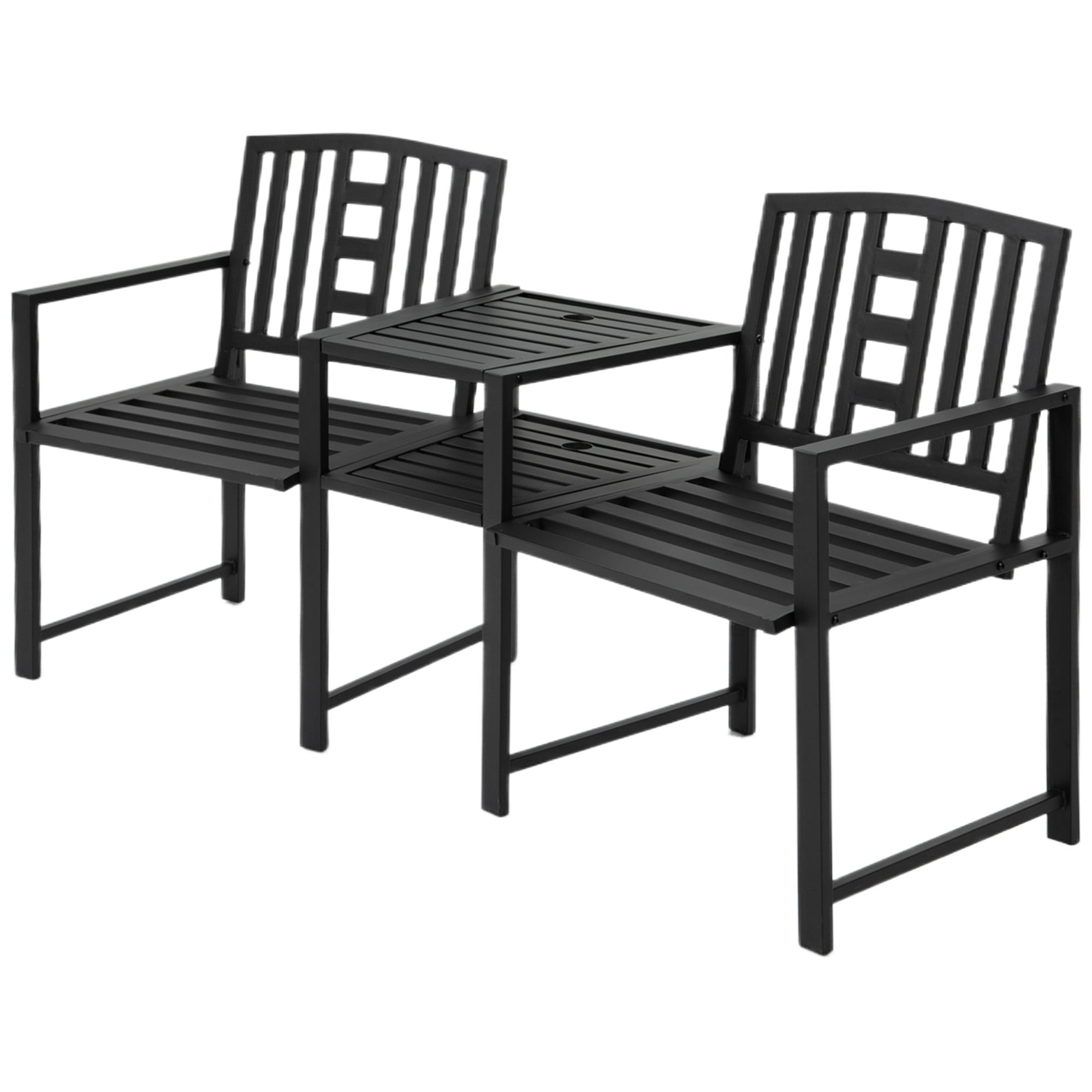 Outsunny 2 Seat Garden Chair Bench Loveseats Jack and Jill Seat w/Coffee Table Slatted Design Patio Yard 